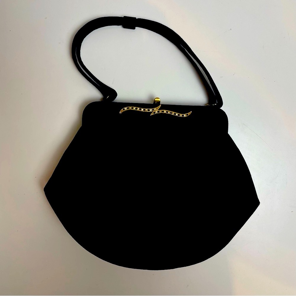 VINTAGE AFTER FIVE BY LAND M BLACK EVENING BAG PURSE Black Satin Diamond